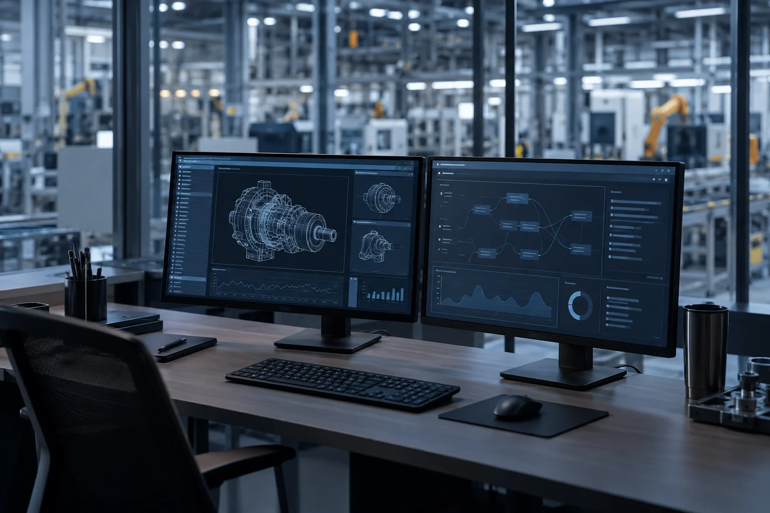 Workstation displaying software in an industrial setting